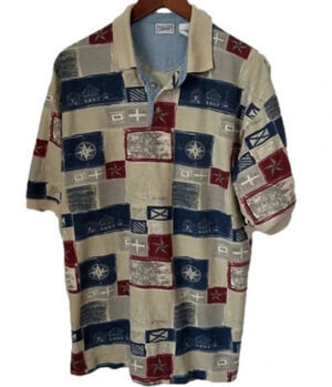 VTG Bugle Boy Y2K Collared Polo Shirt Sail Boat Nautical Short Sleeve L Preppy